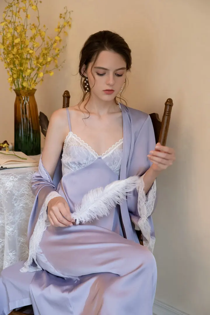 高品质性感睡衣女装长袍睡衣套装缎面丝绸睡衣女士紫色晚装豪华家居服