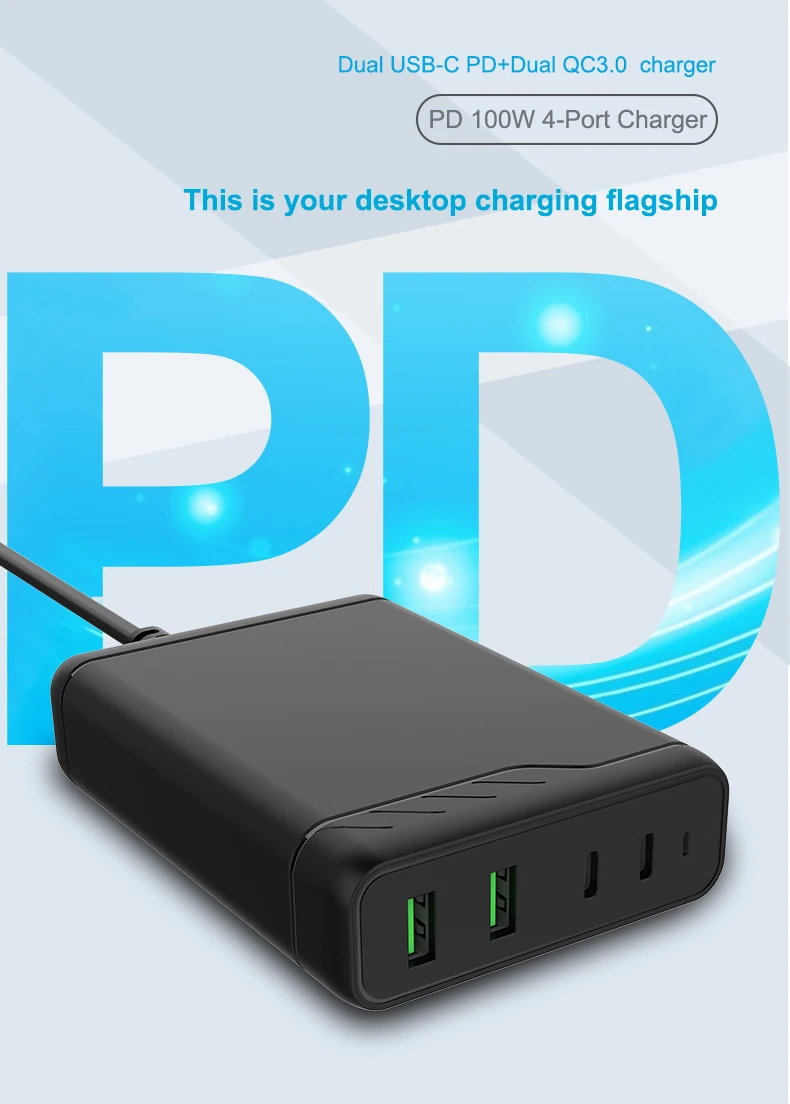 Uk Eu Plug 100w Fast Charging Dual Qc3.0 Charger Usb Smart Desktop