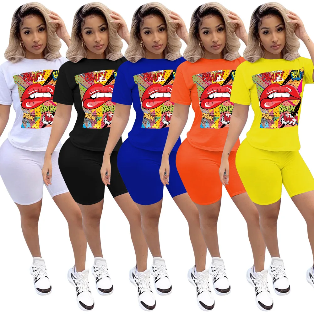 

2021 Wholesale Boutique Lip Printing Summer Trendy T Shirt Tops Shorts Tracksuit Sweatsuit 2 Two Piece Pants Set Womens Clothing, Picture