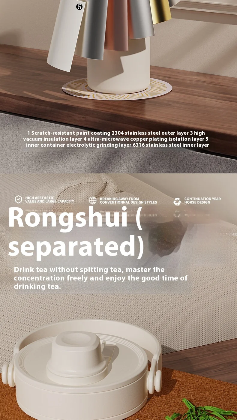Large Capacity Stainless Steel Vacuum Flask Thermos Cup Striped Ceramic Liner Car Cup Tea Coffee On-The-Go Beverages