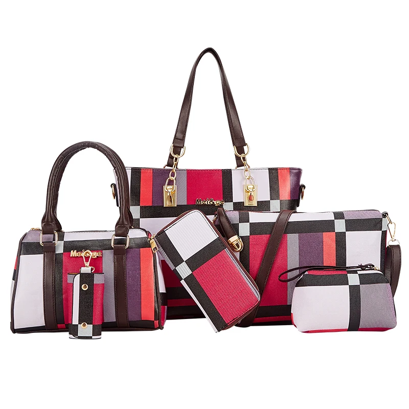 

Famous Brand Design Ladies Fashion Hand Bags bolsos de mujer 6 pcs in 1 set Plaid Pattern Luxury Purses Bags Women Handbags, Pink,green,white,red,black,gray,brown