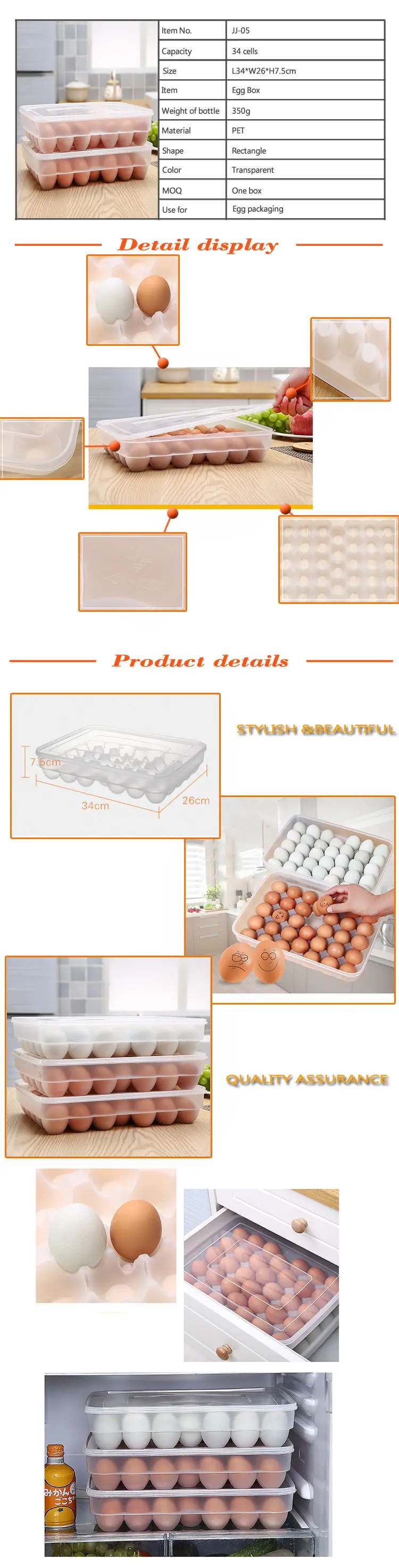 34cells clear pet plastic egg box storage egg tray
