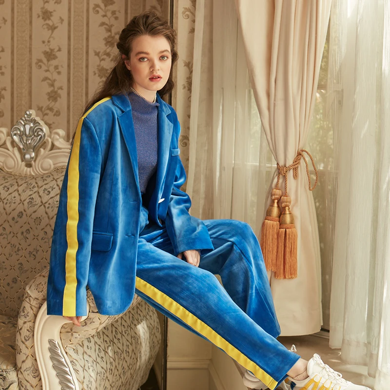 
RENI autumn and winter blue shoulder pads two-color stitching corduroy slim fashion commuter blazer 