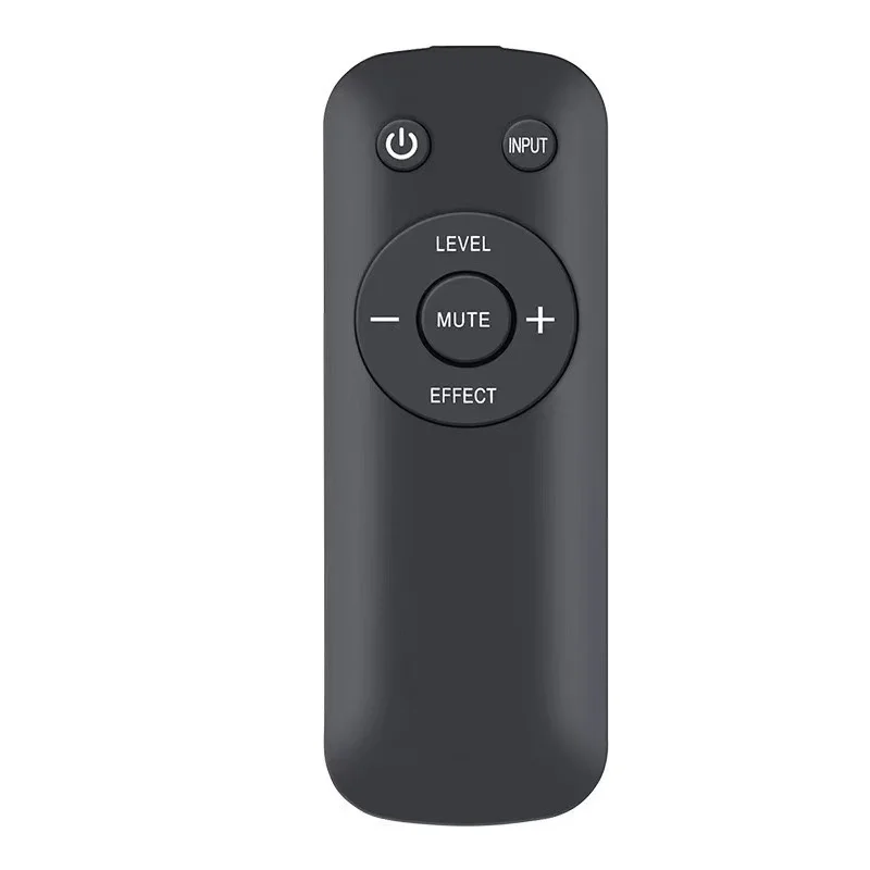 Logitech Z906 IR remote with labeled buttons: power, volume, bass, input select