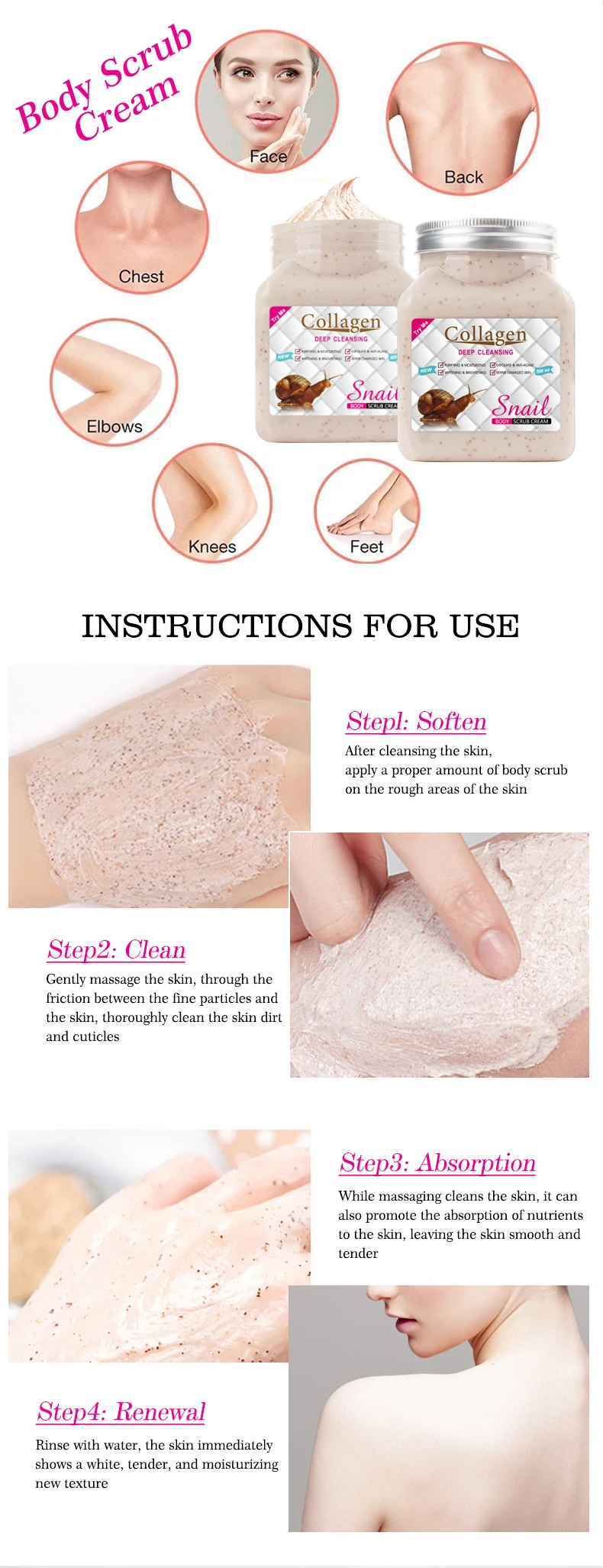 Snail Collagen Face Scrub Cream Skin Care Anti Aging Natural Body Scrub