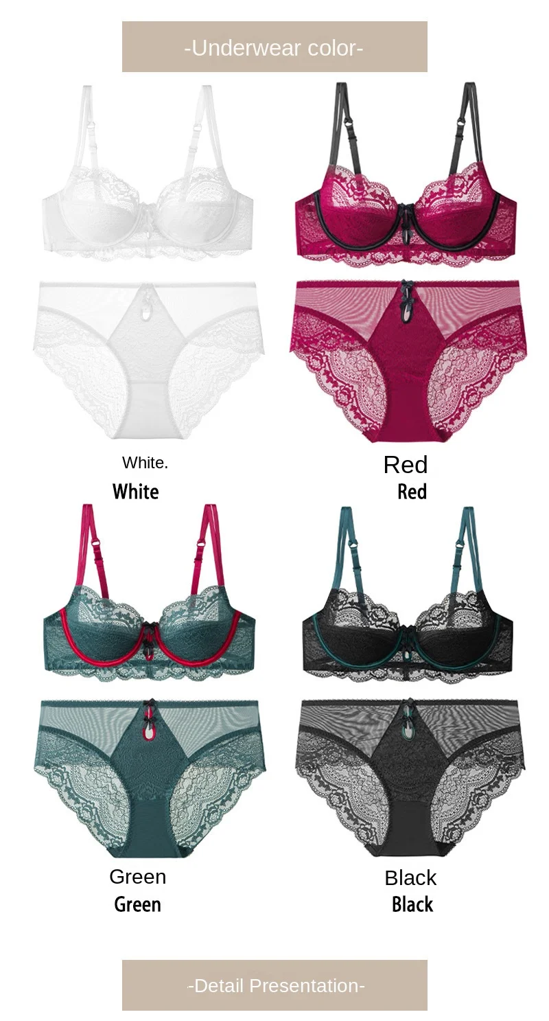 Benmingnian Red Lace Bra Thongs European American Sexy Ultra-Thin Underwear Adjustable Straps Pure Big Chest Showy Large Size