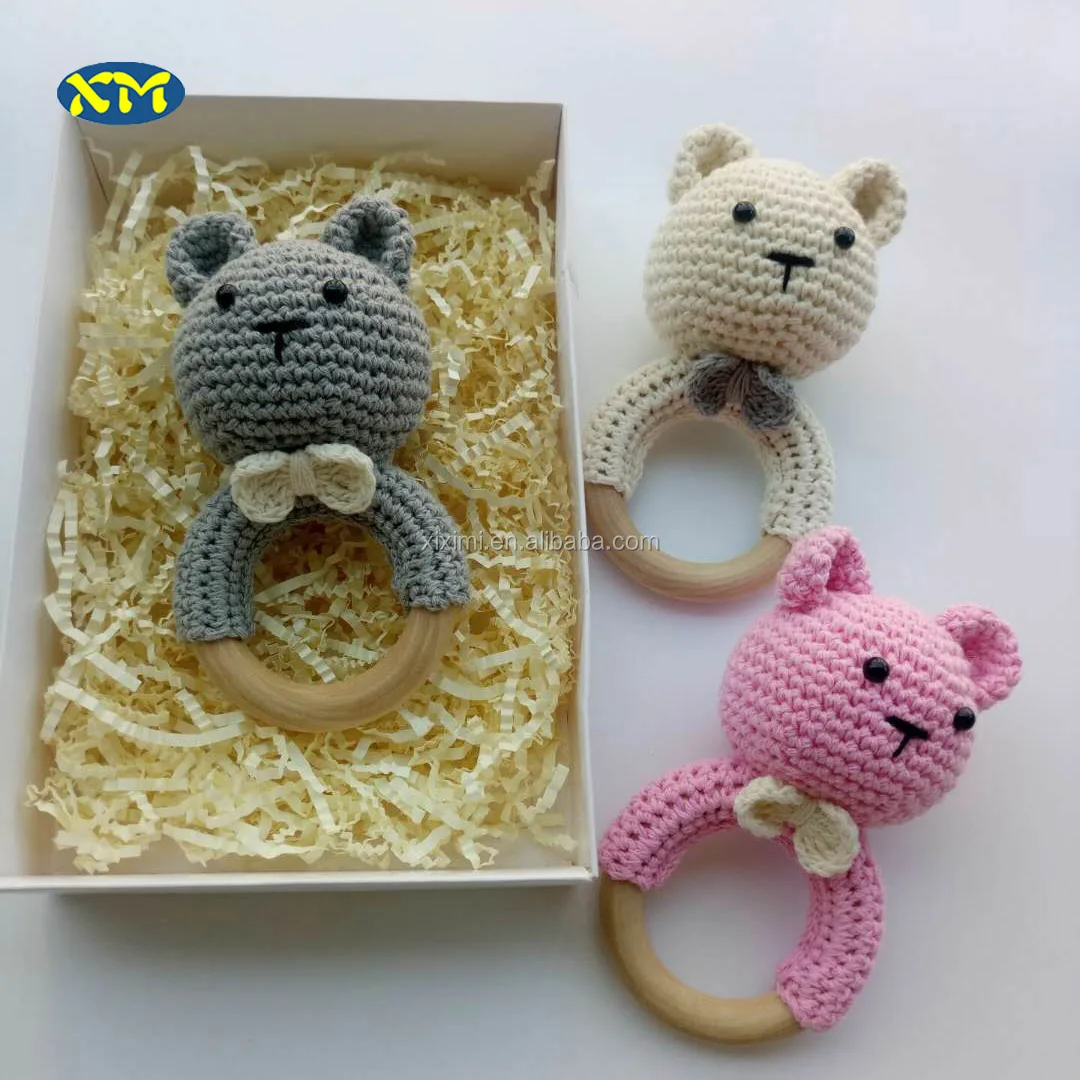 thumbnail image 2 of Handmade Elephant Amigurumi Crochet Rattler With Wooden Teething Ring 2 of 10