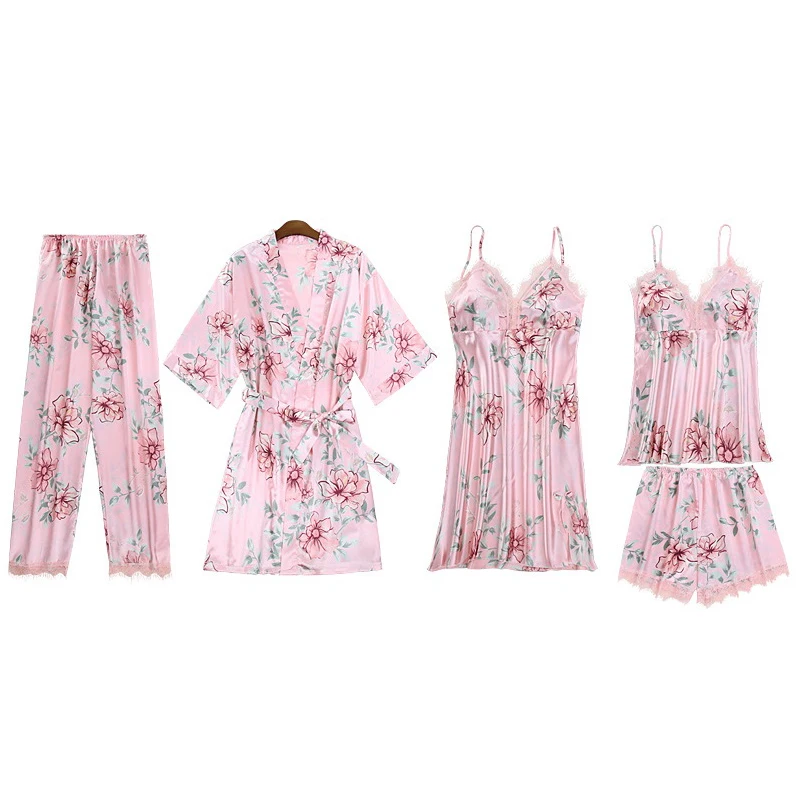 Women's Pajamas Silk Floral Overall Print 5pcs Pajama Set Satin Pyjamas ...