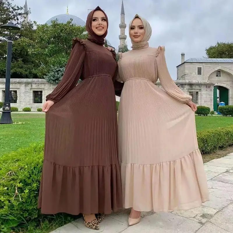 SIPO Muslim Abaya for Women and Ladies Solid Color Pleated Ruffle Loose  Modest Maxi Silk Dress Modern Arabic Dress Female