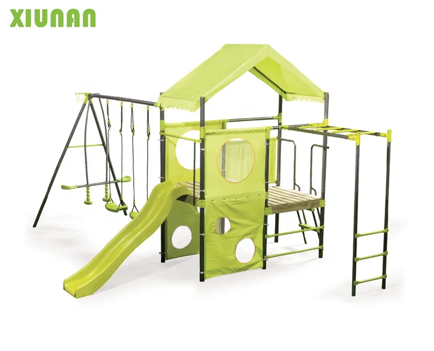 
Outdoor Children Metal Playground Climbing frame kids Swing set With Plastic Slide and wooden 