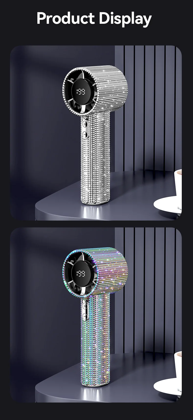 Hot-Selling Mini Portable Handheld Fan Diamond Style 199 Speed Digital Display High-Speed Battery Shiny