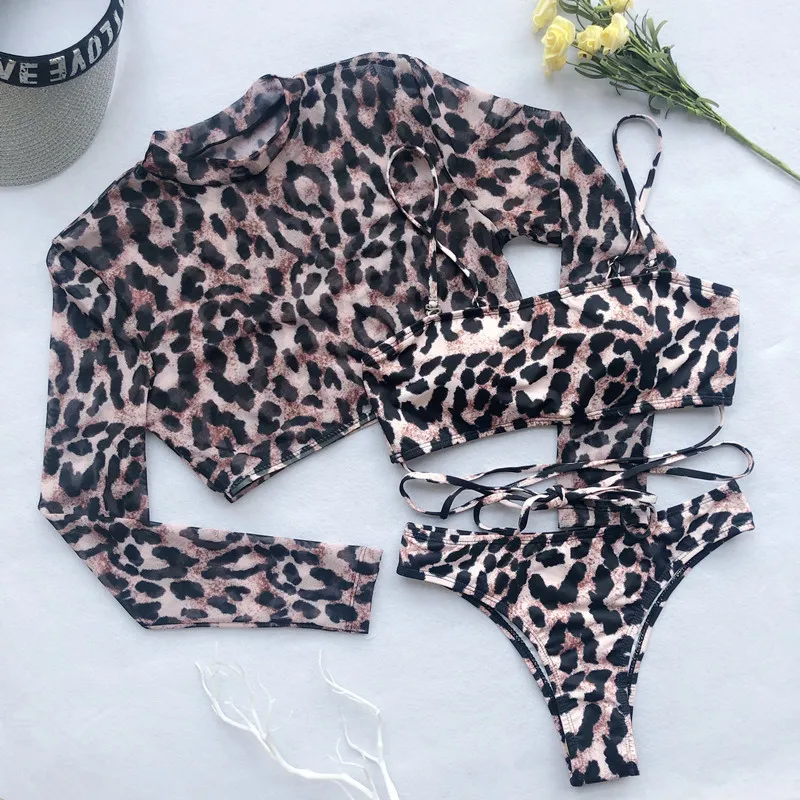 Custom leopard print ed bikini Three piece swimwear sexy sheer mesh smock Long sleeves cross lace up bikini adjustable swimsuit
