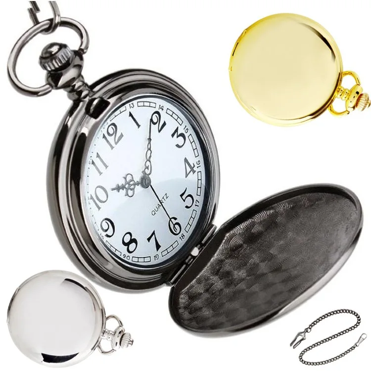 New Arrival Retro Twofaced Pocket Watch Silver Black Gold Smooth Quartz Pocket Watch With Long