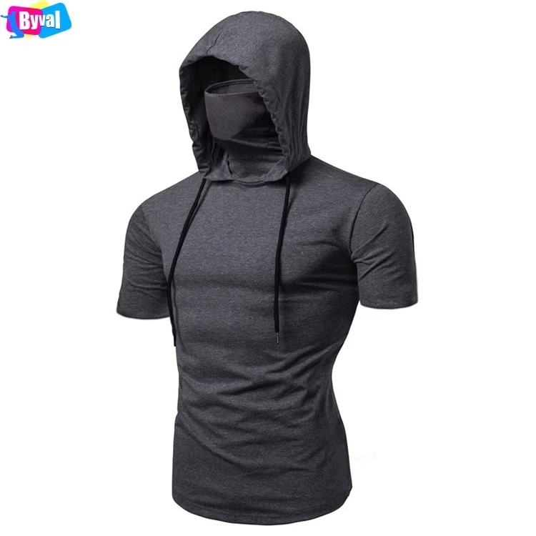 
Fashion Short Sleeved Hooded T Shirt Men Casual Elastic Solid Fitness Tshirt Hip Hop Slim Fit Male T shirt Streetwear M 3X 