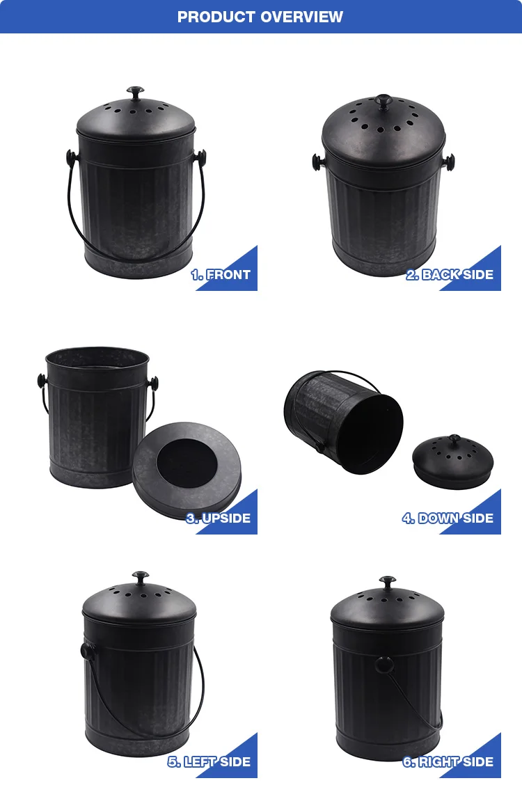 Black Galvanized Metal Countertop Compost Pail With Charcoal Filter
