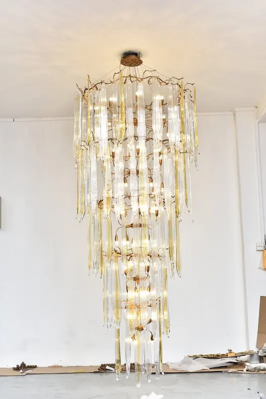 MEEROSEE Modern Hotel Foyer Villa Large Hanging Light Fixture Copper Crystal Long Staircase Chandelier for High Ceiling MD86942