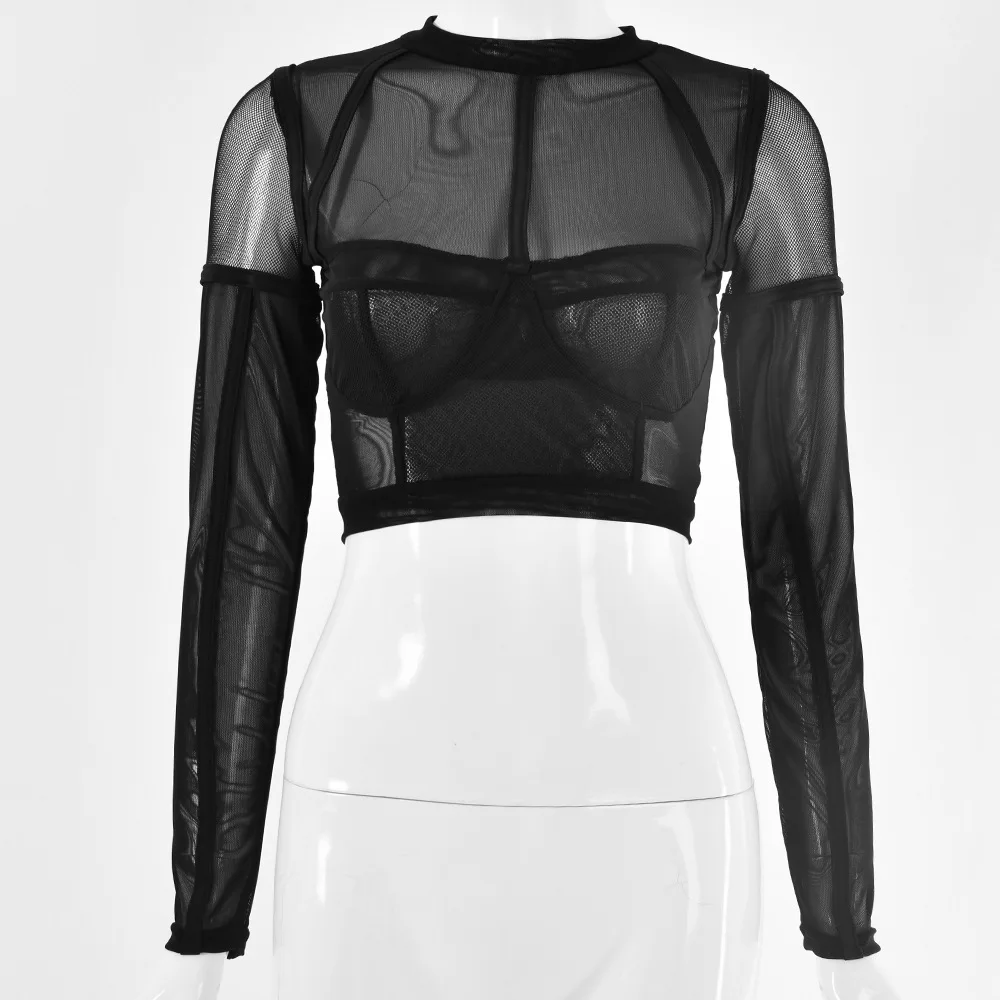 Sexy See Through Mesh Tops For Young Girl 2019 Autumn Women Long Sleeve New Fashion Black Club