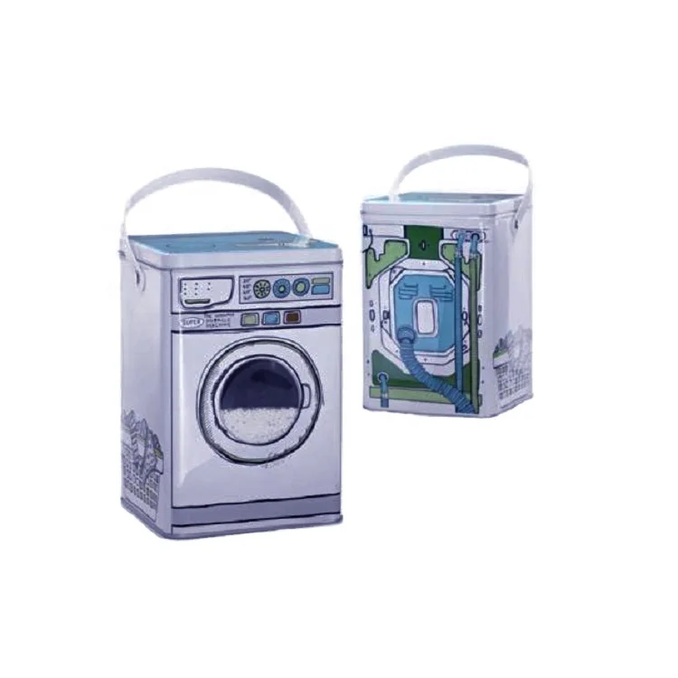 
Wholesale rectangle washing machine shaped laundry powder packaging box metal tin can with handle 