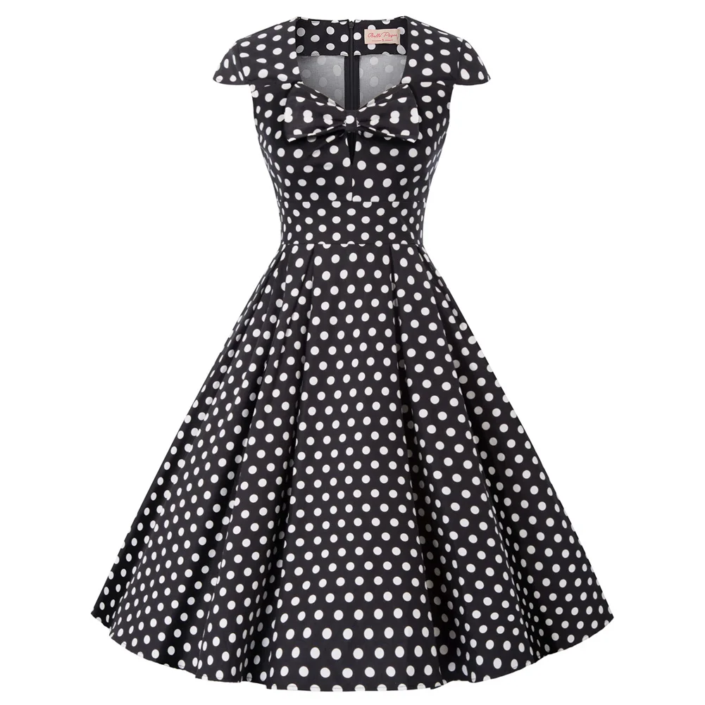 Bps02049 Ladies Polka Dots Dress Cap Sleeve V-neck Cotton Flared A-line ...