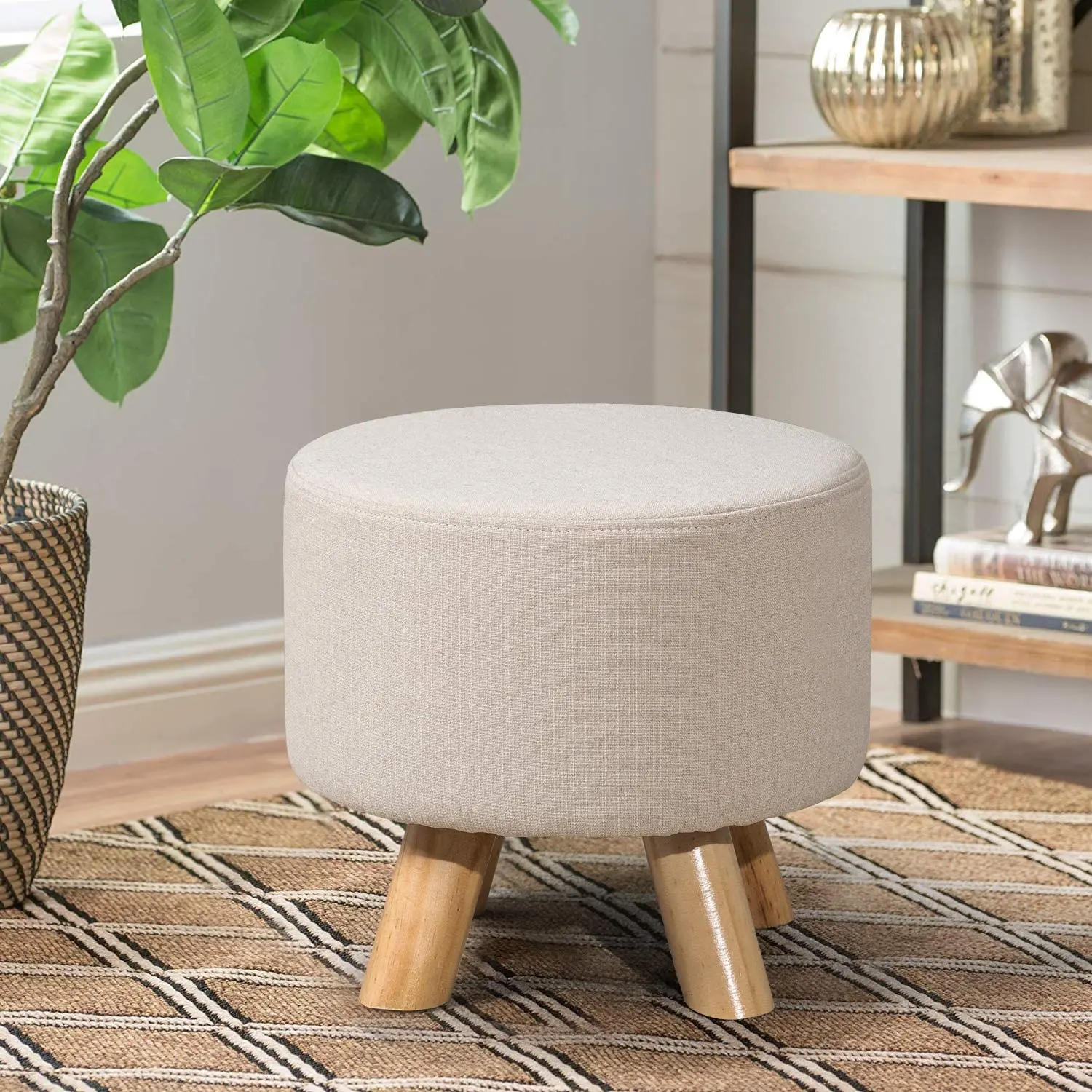 Removable Cover Round Ottoman Foot Rest Stool Linen Fabric Padded 