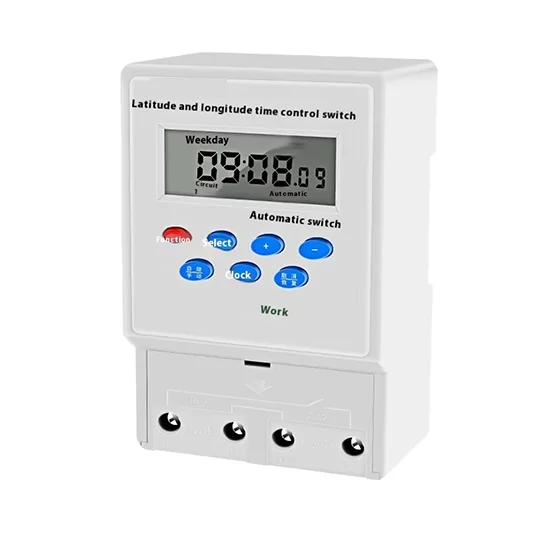 Front panel of BS26W astronomical timer showing latitude/longitude input fields and LCD display