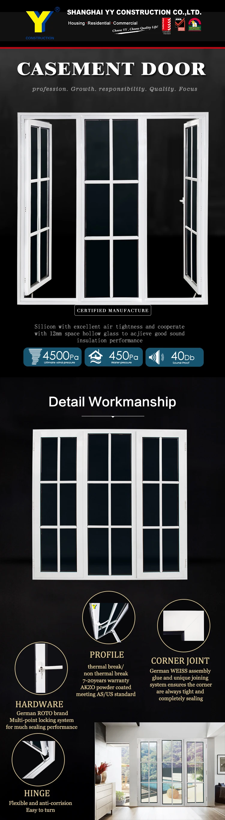 usa australia standard aluminum casement doors/double glazed casement door