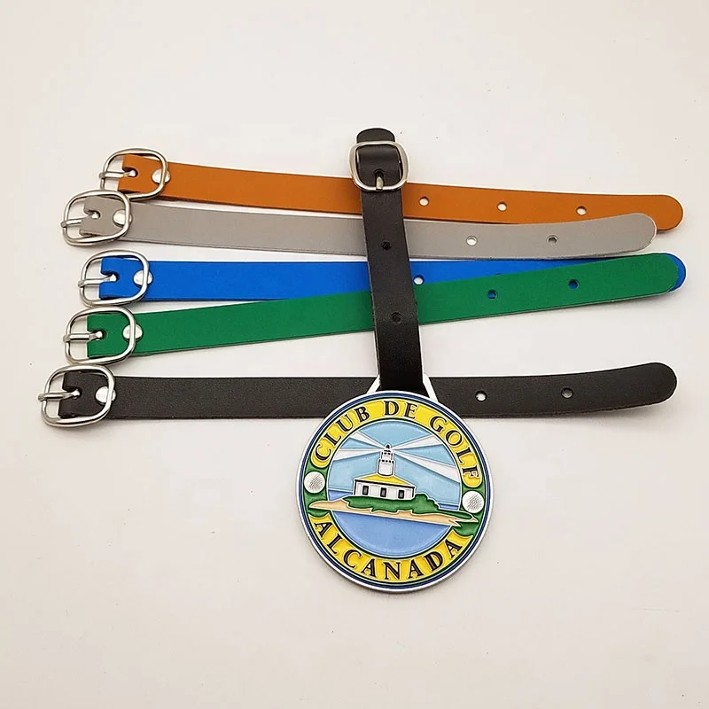 Good quality custom metal golf enamel bag tag golf with leather belt