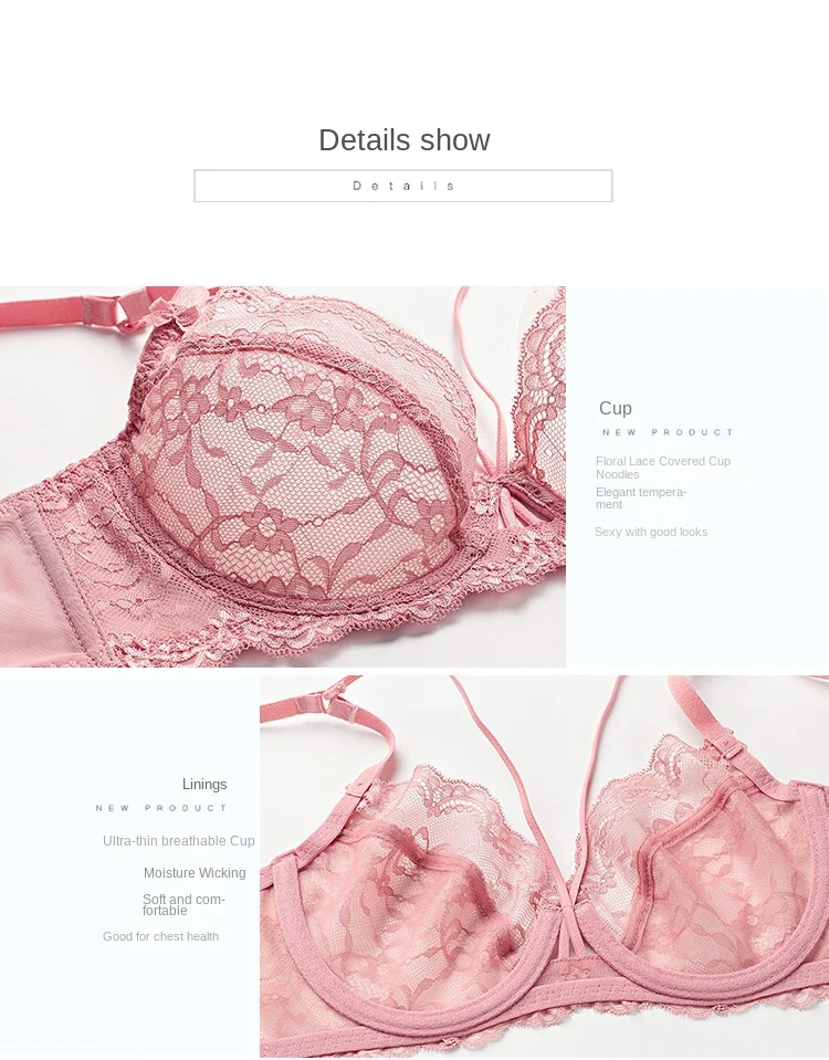 Women's Sexy Lace Ultra-Thin No Sponge Bra Set Transparent Adjusted-Straps Low-Rise Bikini Panties Logo Waist for Large Chest