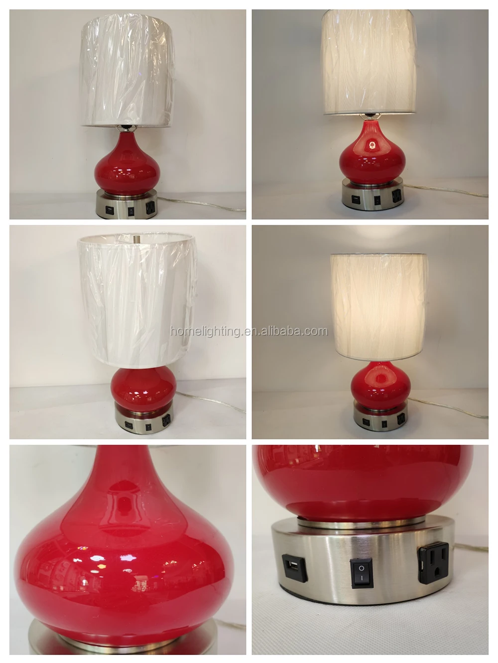 Jlt7127 Glossy Red Orange Table Glass Lamp Charging Port & Ac Hotel Lamps With Electrical