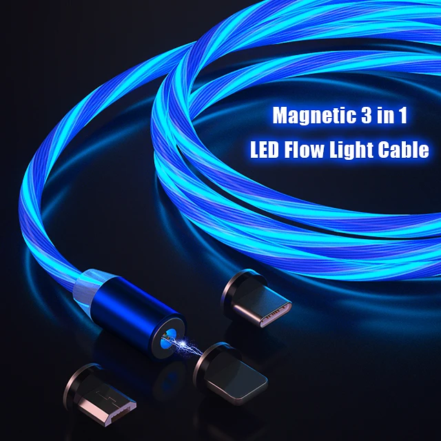 3 in 1 Micro Type C LED Glow Flowing Light Magnetic Mobile Phone Charger Cable