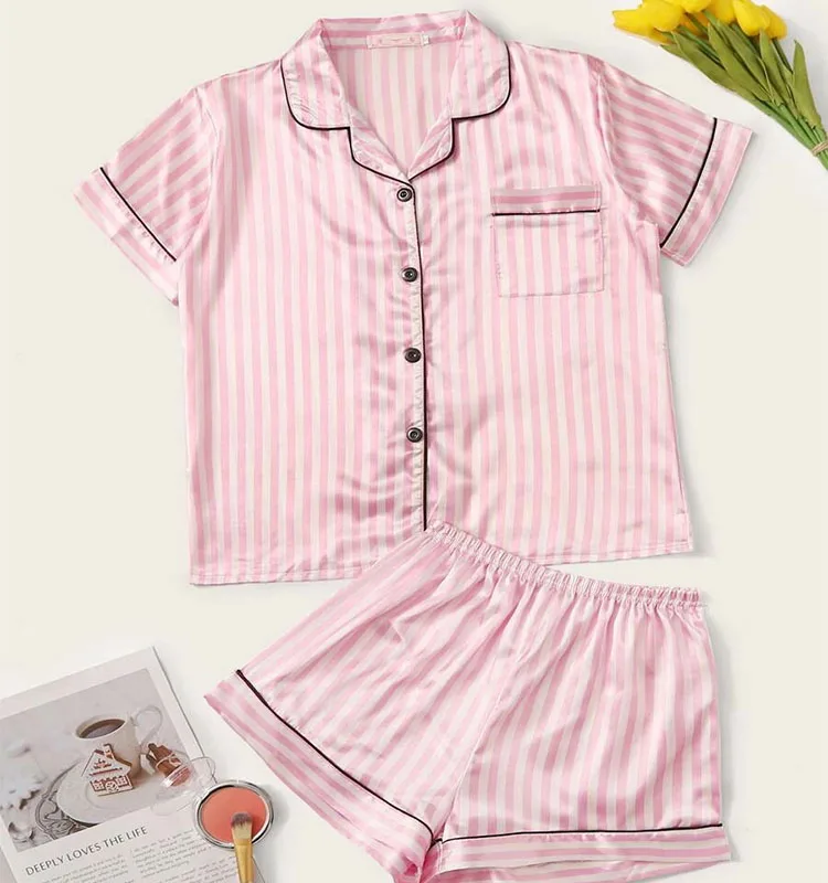 2021 Wholesale 2pc Women Short Piyama Sets Pink Satin Stripe Pjs Plus ...