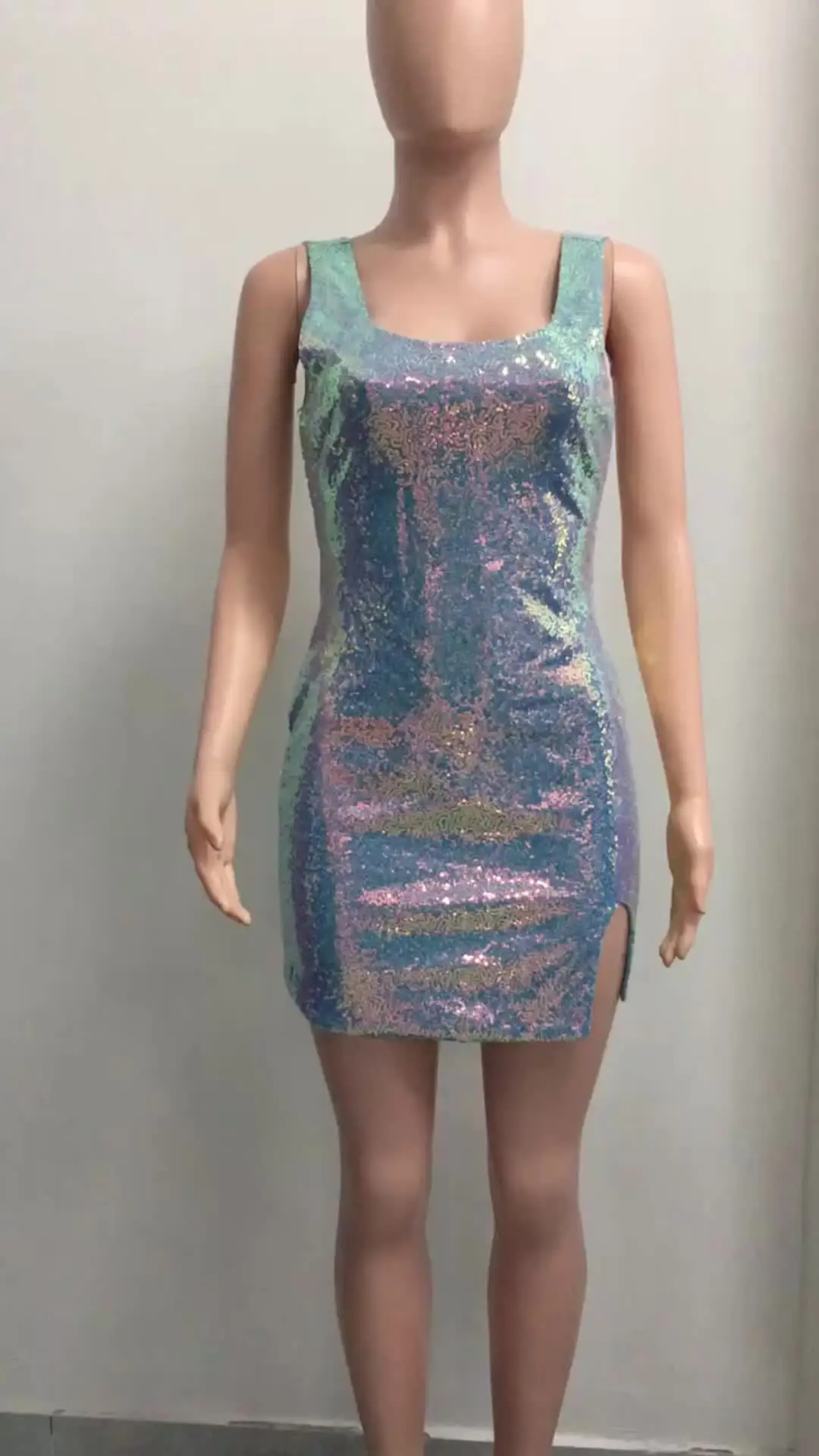 Sequin Square Neck Bodycon Mini Dress Sleeveless Split Hem Evening Party  Club Cocktail Dresses Women's Dresses Sehe Fashion