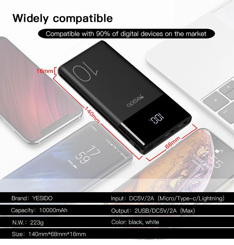 Yesido High Capacity Powerbank Dual Usb Port Mobile Phone 10000Mab Power Bank Portable