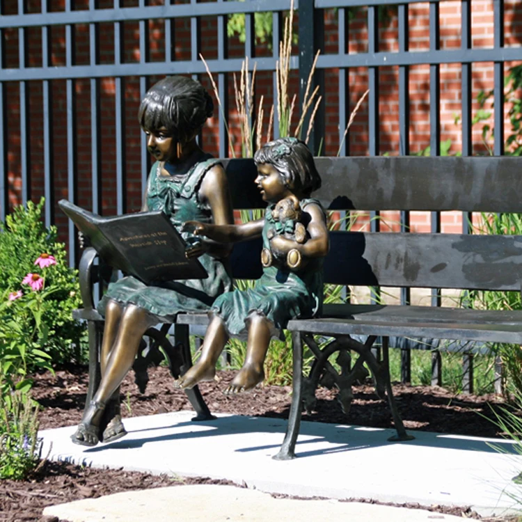 Bronze Two Kids Sitting On Bench Statue