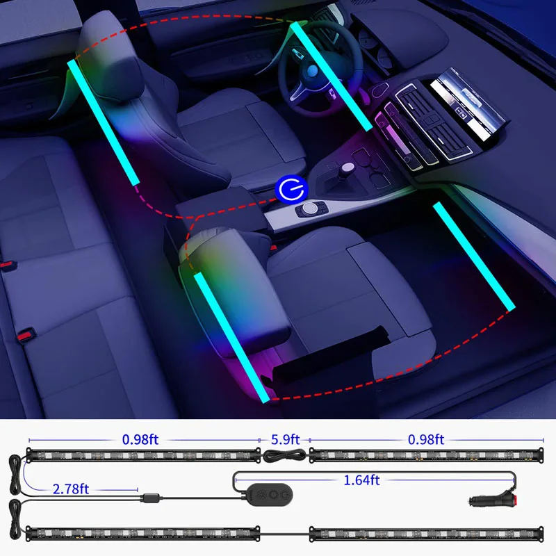 Interior Car Lights Car LED Strip Light Two-Line Design Waterproof 4pcs 48 LED APP Controller Lighting Kits with Car Charger