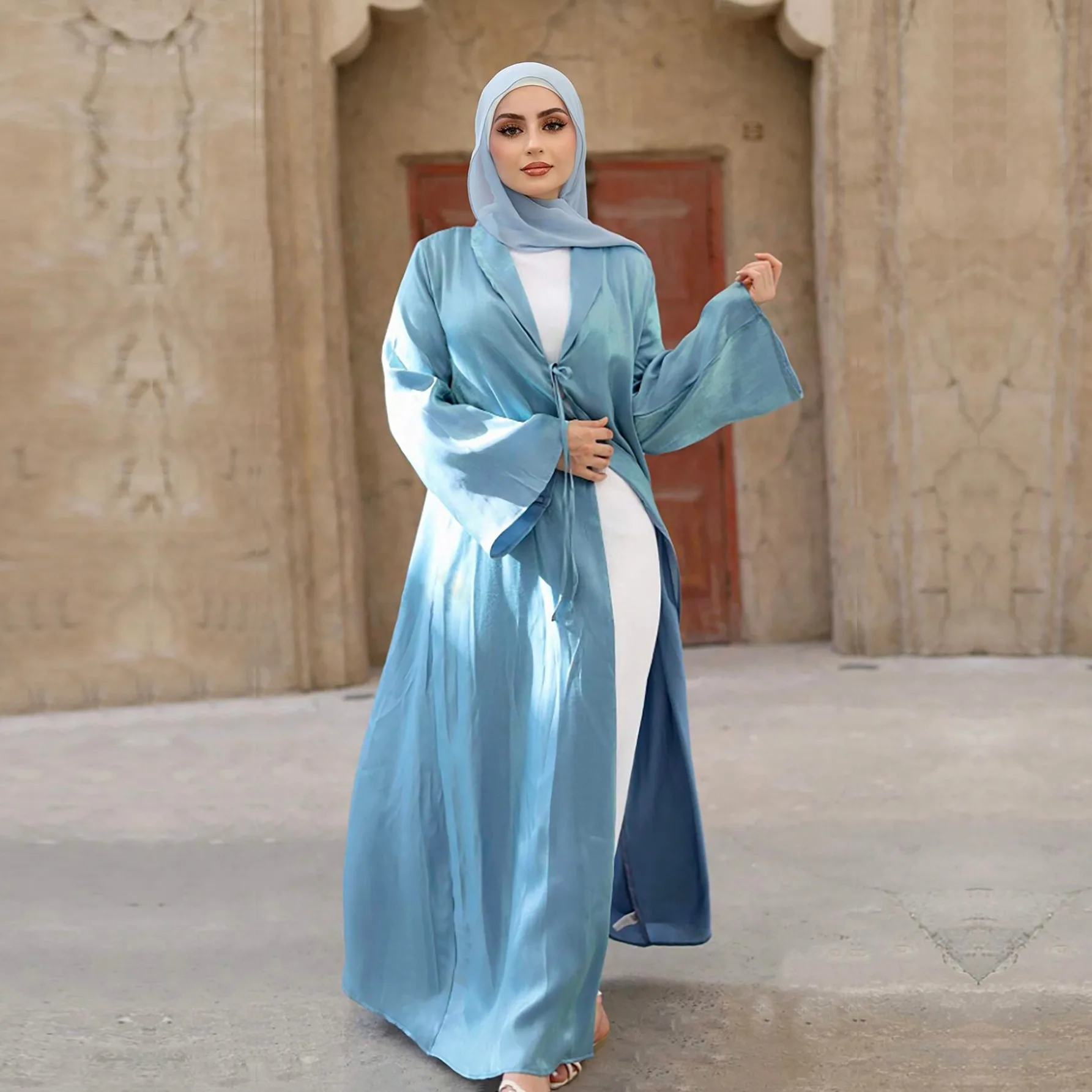winter muslim dress Dubai Modest Robe Women Long Cardigan Lace-up Horn Sleeve Anti-static Adult Abaya Style Hijab Middle East Size:24