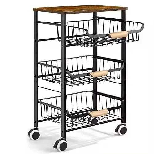4 Tier Metal Rolling Utility Cart Mesh Basket Pantry Cart Rack With