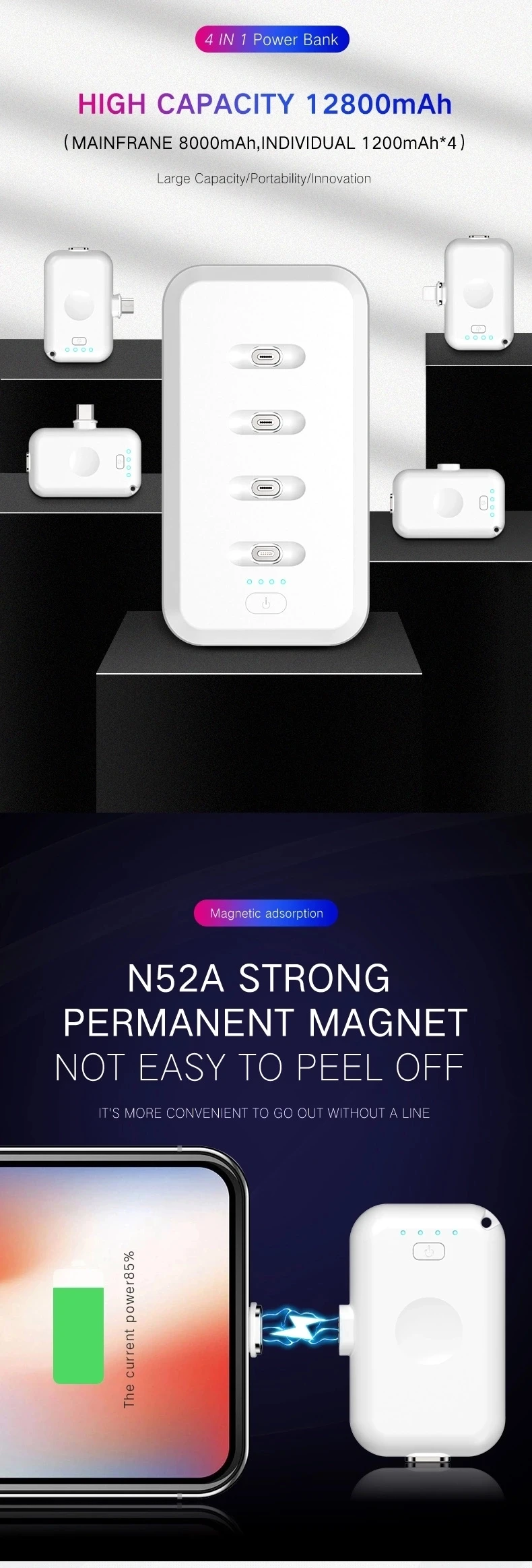 Mini Gadget Magnetic Power Bank 8000mAh Charging Station With 4 Pcs Finger Charger 1200mAh For Android IOS Type C - ANKUX.COM
