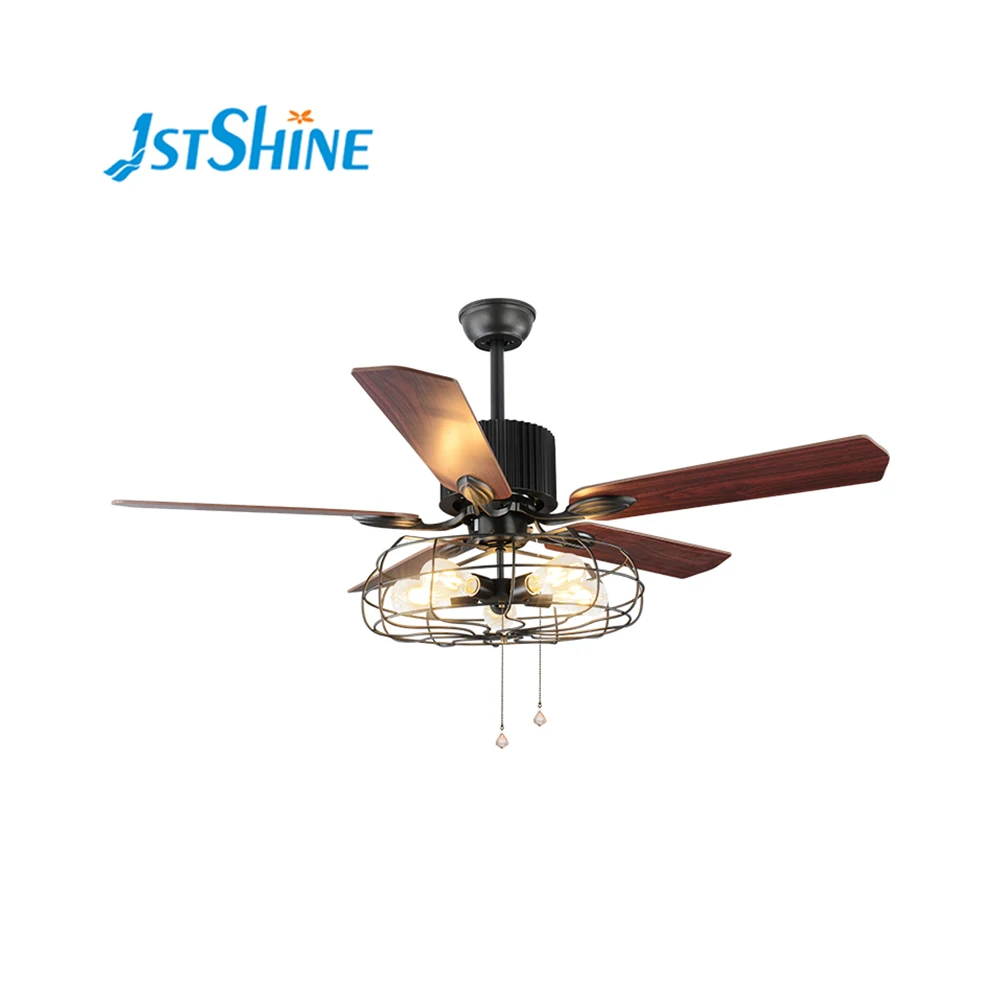 1stshine 52 inch 5 plywood blade pull chain 220V AC artical and industrial modern simple indoor 5 Bulb light with ceiling fan