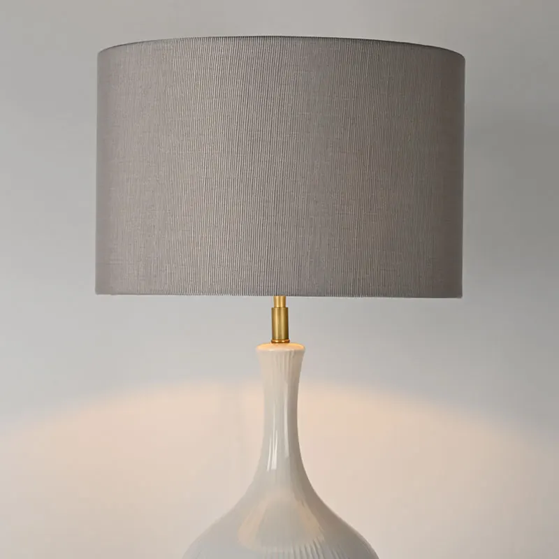Living Room Bedroom Nightstand Brown Linen Drum Shade Spherical Ceramic Table Lamp