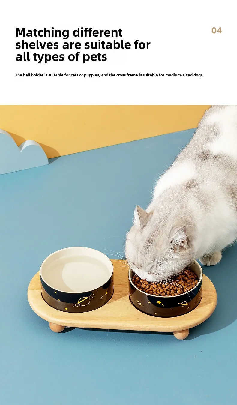 Ceramic Double Dog/Cat Food Bowl Protective Rack High Foot Design Solid Pattern Eco-Friendly Cervical Spine Protection Pet Water
