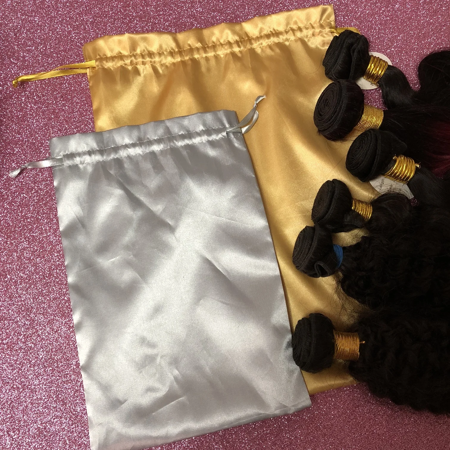 Wholesale Silk Bags Custom Drawstring Satin Bag Hair Bundle Wig