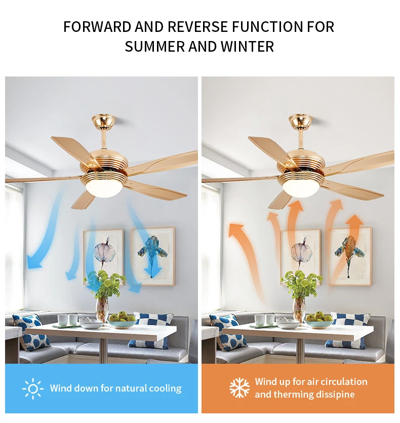Hot Sale Outdoor Forward Reverse 5 Blades Ceiling Fan Lamps Led Hanging Fan Lights Remote Wall Control Iron 42 48 52inch details