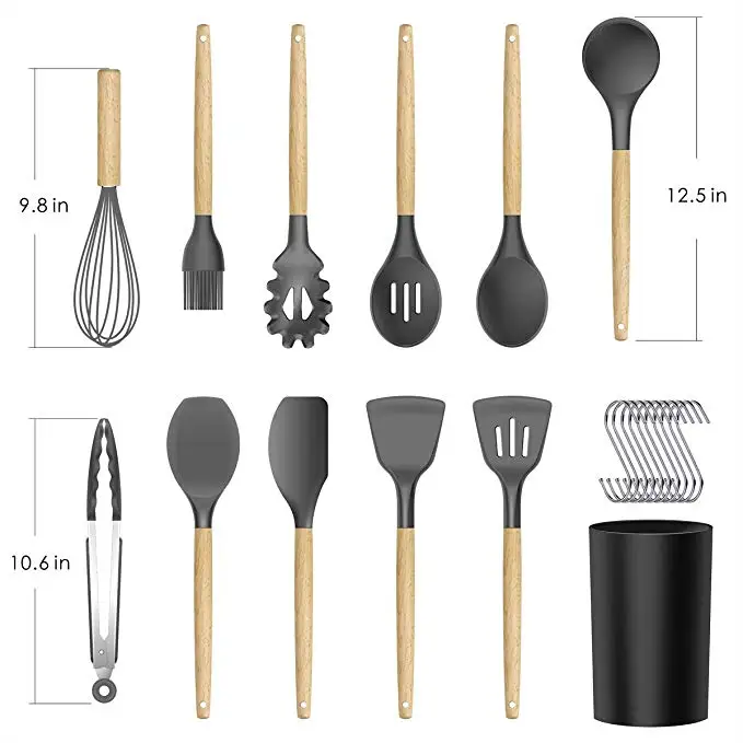 Food Grade High Quality 11 pcs Wooden Handle Silicone Kitchen Cooking Utensils