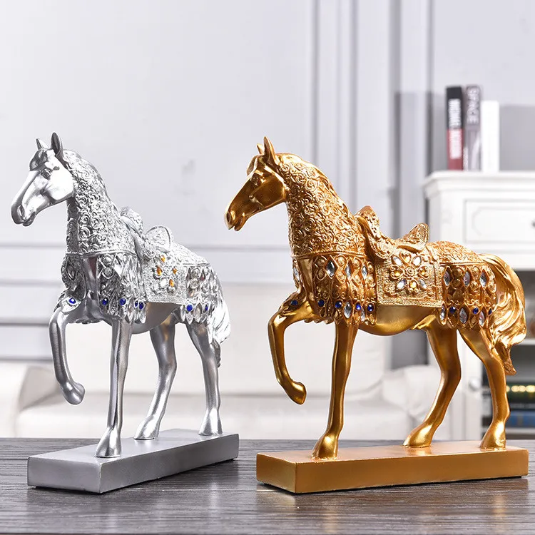 Golden Resin Horse Statue Lucky Feng Shui Figurine Ornaments For Home Decor 
