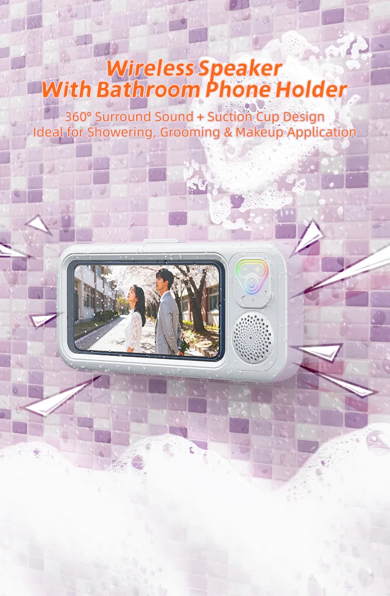 Phone Mount Waterproof Bathroom Phone Holder / Phone Case with Built-in BT Speaker, IPX5, 500-800mAh, Portable Speaker