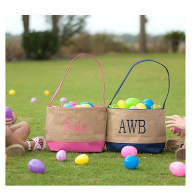 Hot Sell Monogram Embroidered Jute Bunny Easter Bucket Tote Bag