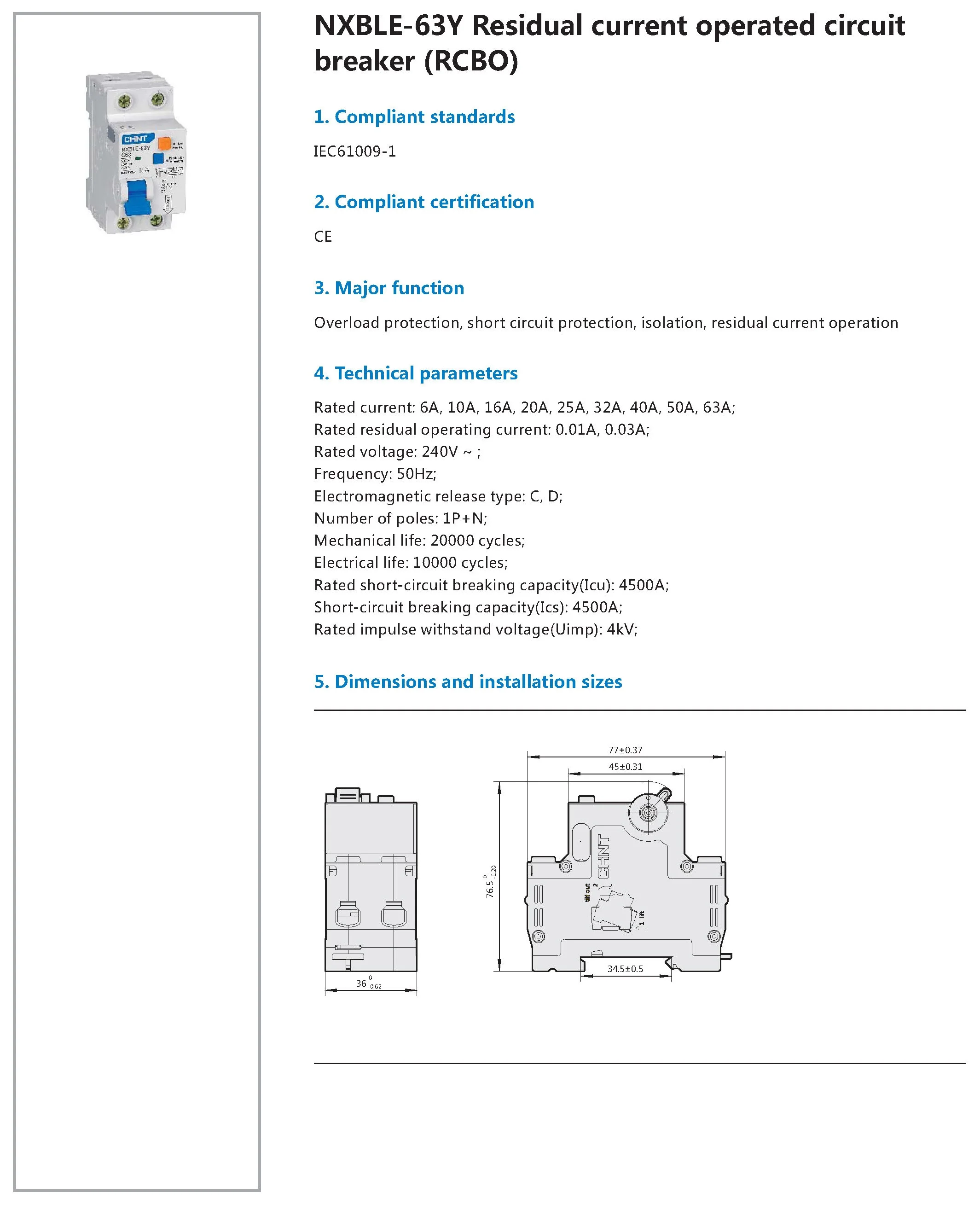 Chint NXBLE-63Y 1P+N 6A 10A 16A 20A 25A 32A 40A 50A 63A 10mA 30mA 50mA 100mA 300mA CHNT RCBO Residual Current Circuit Breaker