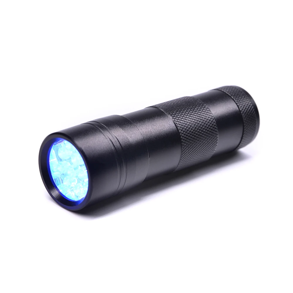 395nm Handheld Aluminium Black Light 3AAA Batteries Powered Mini Torch 9 LED UV Flashlights for Pets Urine and Stains
