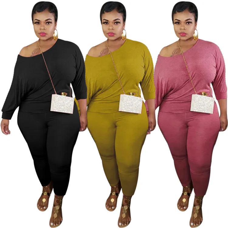 2020 Lady 2 Pcs Solid Color Long Sleeve Stretchy Jogging Sweatsuit Plus Size Autumn Women Two Piece Set